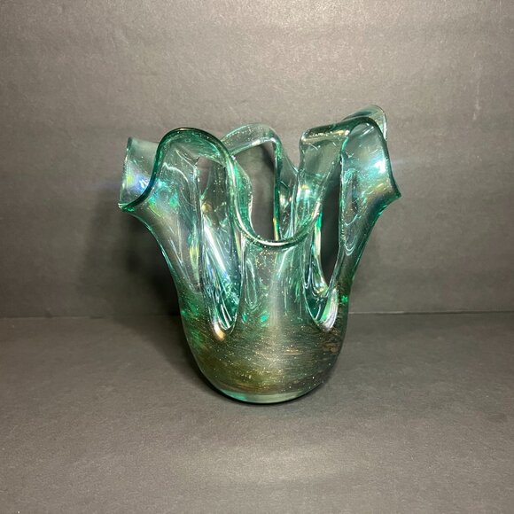 VTG Murano Style Green Gold Abstract Glitter Stretch Swung Art Glass Decor 5.75" - Picture 1 of 6